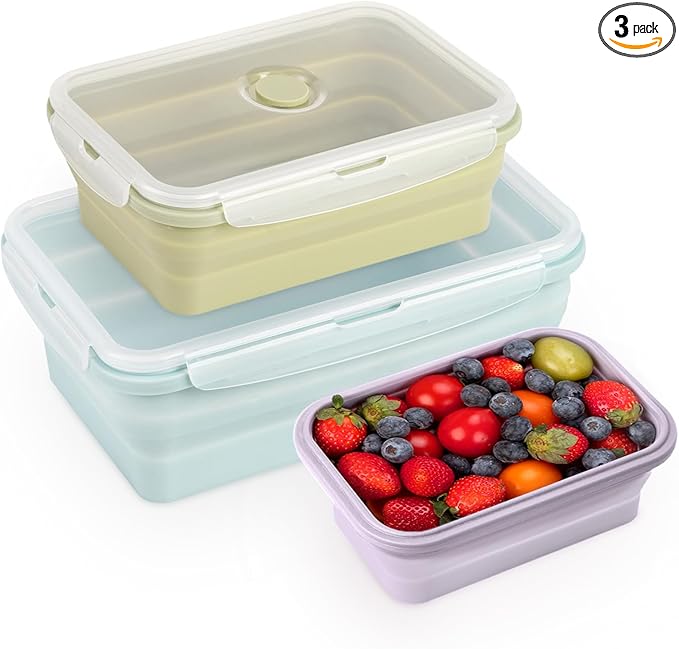 Large Collapsible Food Containers with Lids for Camping & Travel | Leak-Proof Silicone Storage Bowls,2000ml/1200ml/800ml, Dishwasher, Microwave Freezer Safe - Set of 3