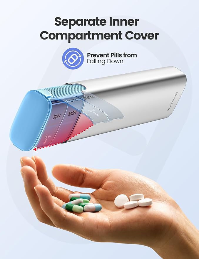 Vaydeer 7 Day Weekly Pill Organizer (Support 2 Times a Day), Metal Travel Pill Case, Large Capacity Daily Cute Pill Box for Supplements, Pills, Vitamins and Medication (Champagne), 8.3*2.1*1.2 Inch