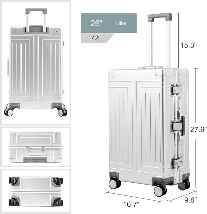 All Aluminum Magnesium 20/26 Luggage Set，Cut from Whole Aluminum Sheet，22x14x9 Airline Approved ，（3rd Generation，Premium Magnesium Metal zipperless suitcase ） (silvery, 20in+26in)