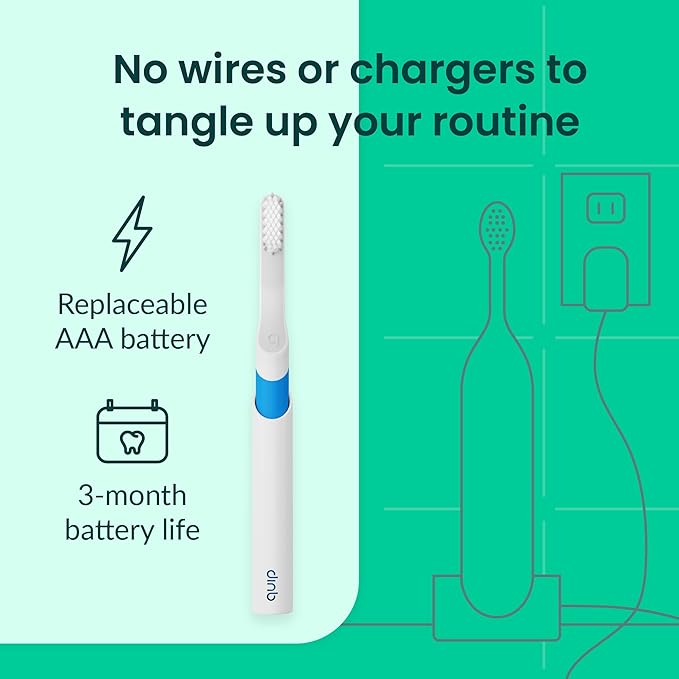 Quip Sonic Toothbrush for Adults with Timer - Includes Extra Brush Head and Travel Cover Mount - Electric, Soft Bristle Refill Head, Plastic Handle, 3 Month Battery Life - Travel Toothbrush - Blue