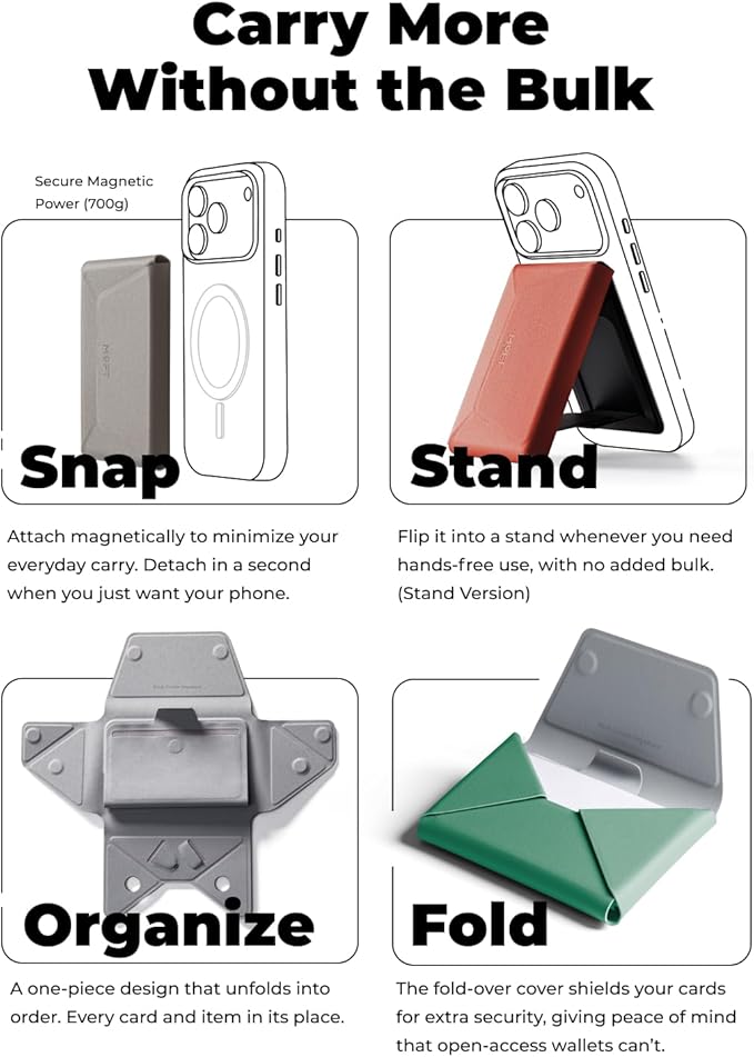 MOFT Magsafe Wallet, 8-Card Holder, Magnetic Phone Stand with Pull to Access Design, RFID Blocking, Angle Adjustment & MOVAS Minimalist Snap Field Wallet for Men Travel Essentials, Oz Green