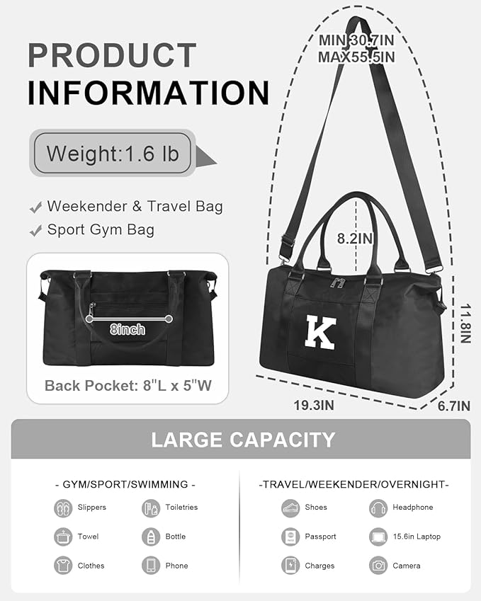 Initial Travel Duffel Bag Sports Gym Bag for Boys Teen Birthday Gifts,Black Personalized Weekender Bag Carry On Tote Bags for Men,Waterproof Overnight Luggage Bag Airplane Travel Essentials(Letter K)