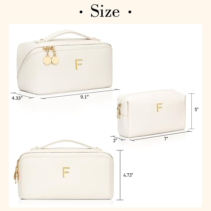 Birthday Gifts for Women Teen Girl, Personalized Initial Makeup Organizer Bag Set, Open Flat Travel Cosmetic Bag With Clear Divider and Handle(Beige,F)