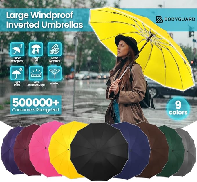 Bodyguard Inverted Umbrella - Large Windproof for Rain & Sun, Compact Reverse With Reflective Stripe, Teflon-Coated for Women Men, Travel Folding With Cover Bag