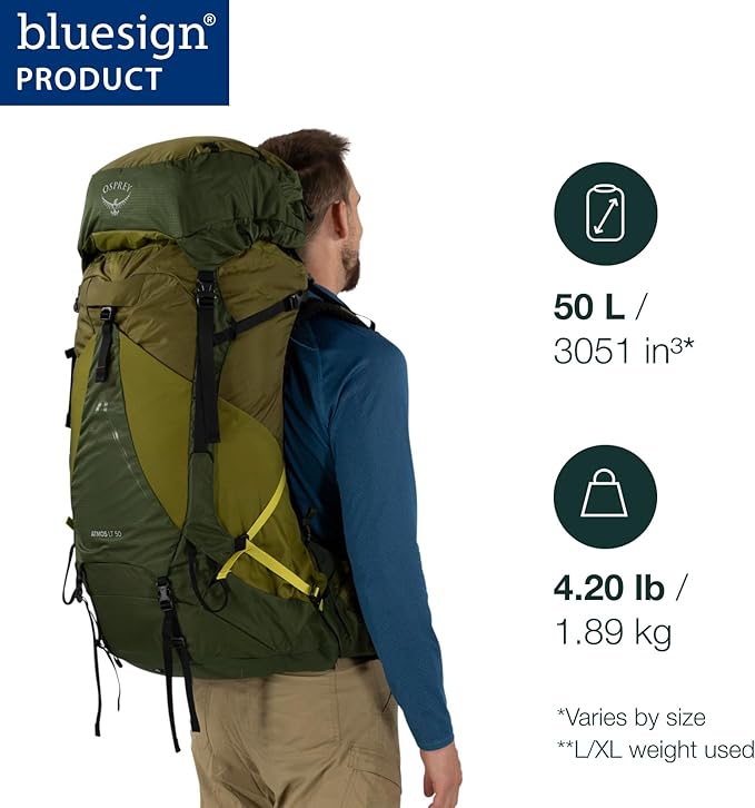 Osprey Atmos AG LT 50L Men's Backpacking Backpack, Night Shift/Scoria Blue, S/M