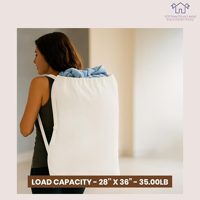 LFH Home Cotton Canvas Extra Large Laundry Bag with Handle, Heavy Duty Drawstring Closure Washable Laundry Bags School Travel, Home, Hotel, College Dorm, Organizer Sack, Toys Clothes 28x36-White