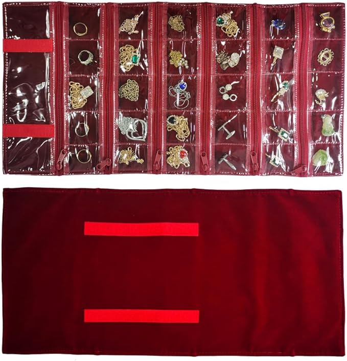 Travel Jewelry Roll Bag Portable Organizer Pouch With Grids&PVC Cover Storage Bags for Necklace, Bracelet, Bracelet,Ring, Badge, Pendant