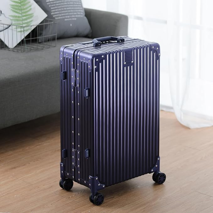Metal All Aluminum Carry-on Luggage TSA Customs Lock Zipperless Silent Rotary Wheel Business Suitcase Aluminum Frame Set (blue, 28 '')