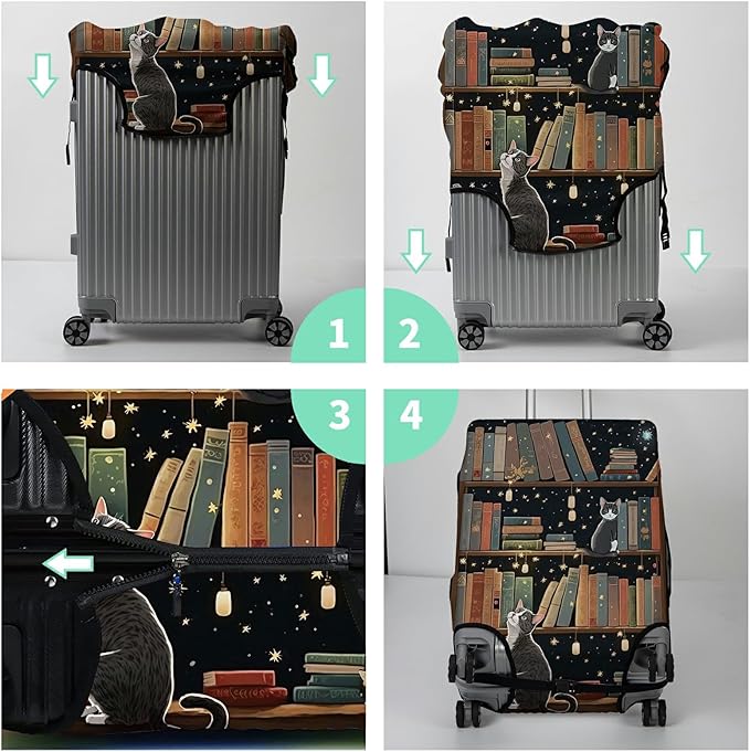 Luggage Cover + Tag, Cat Library Travel Suitcase Protector for 30 inch Luggage (XL) with Concealed Zipper, Washable Elastic Cloth, Dustproof, Anti-Scratch