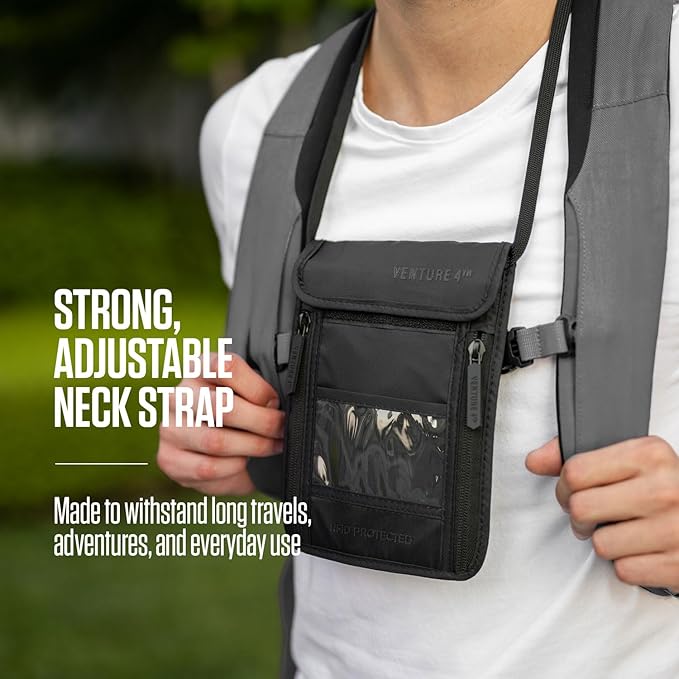VENTURE 4TH Passport Holder Neck Wallet with RFID Blocking Nylon Lining - Hidden Neck Pouch for Travel (Sleek Silver)