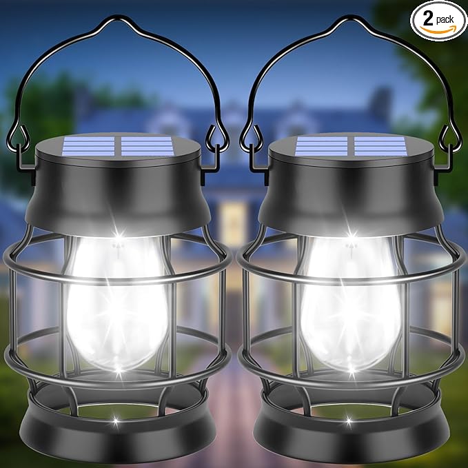 UBright 2 Pack Solar Lantern Lights Outdoor Waterproof Metal Hanging Solar Lights for Outside Lanterns Decorative Outdoor for Patio Porch Garden Lawn, Cool White