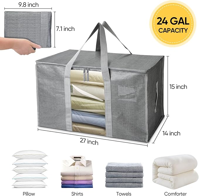BALEINE 6-Pack Oversized Moving Bags with Reinforced Handles, Heavy-Duty Storage Tote for Clothes, Moving Supplies (Grey with Window, 6 Pack)