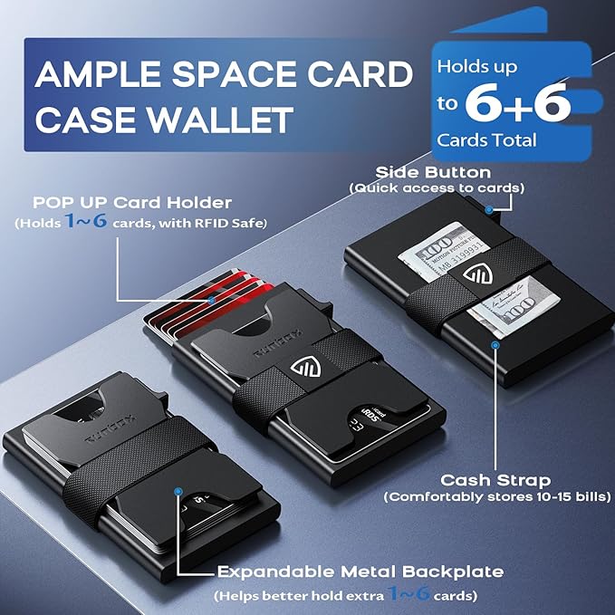 Mens Business Card Holder, Slim Card Wallet for Men and Women, Minimalist RFID Blocking Wallet with Pop-Up Function, Thin Design, Metal Cases Holds 6+6 Cards, Gifts for Men, Men's Accessories