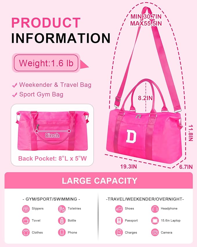 Overnight Bag for Kids Teen Girls Weekender Dance Bag Birthday Graduation Gifts,Initial Travel Duffel Bag Sports Gym Bag Personalized Weekender Bag Carry On Bags Preppy Gifts for Women(Hot Pink, D)