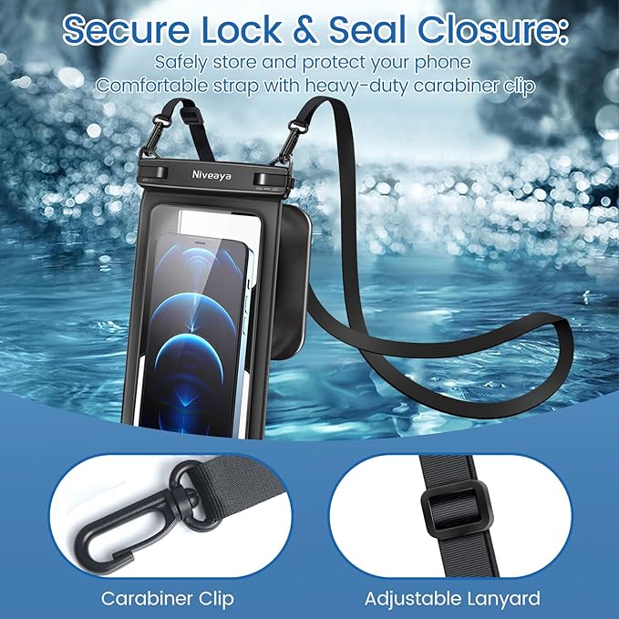 Niveaya 2 Pack IPX8 Waterproof Phone Pouch, Large Space Cell Phone Pouch Floating, Water Proof Phone Case with Lanyard, Phone Dry Bag Beach Cruise Ship Essentials(Up to 8.5")