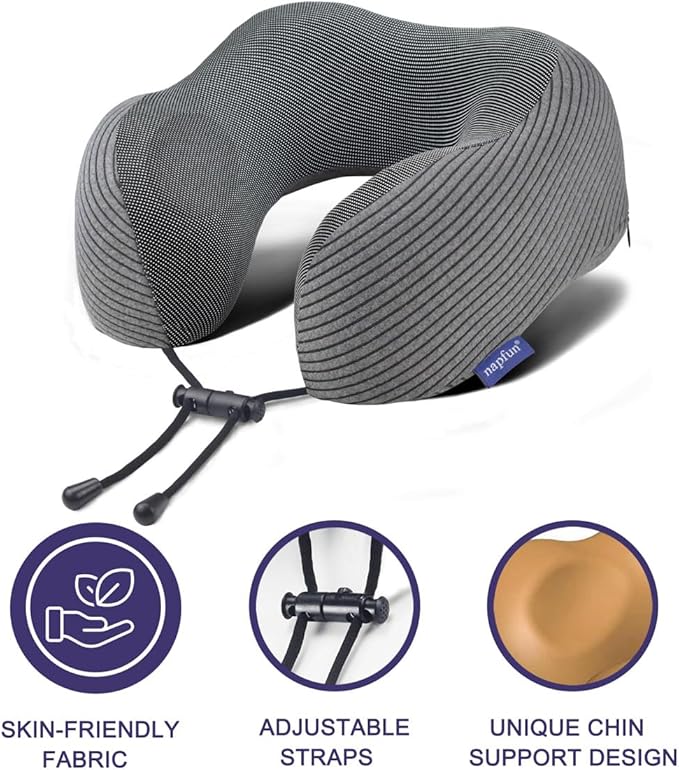 napfun Travel Pillow, 100% Pure Memory Foam Neck Pillows for Travel Airplane Headrest Flight Plane Accessories, Deep Grey, Medium (120-200LB)
