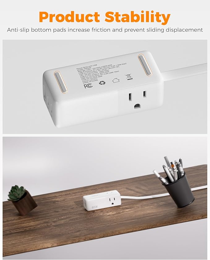 TESSAN USB Charging Station PD 65W, USB C Charger Blocks with 3 AC Outlets, Desktop Phone Fast Charger with Flat Plug for Phone Tablet Laptop, Travel, Office
