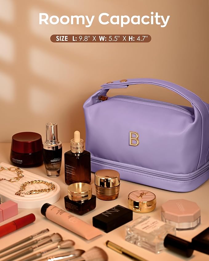 Personalized Makeup Bags， Personalized Bags with Handle, Waterproof Double Layer Cosmetic Bag, Large Capacity PU Leather Makeup Bags Letter Travel Toiletry Bag with Makeup Brush Organizer