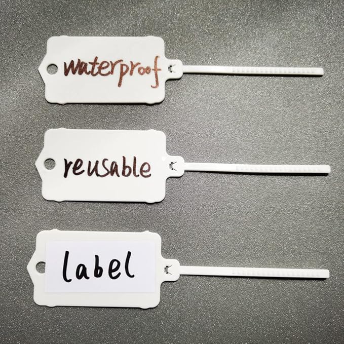 100pcs Reusable Blank Plastic Tags Ties Key Tags 1.45"*2.48" Serrated Tension Sealing Strap with Large Label Plastic Tie Mark Label Waterproof Hang Sign Write on Tag (White, 100pcs)