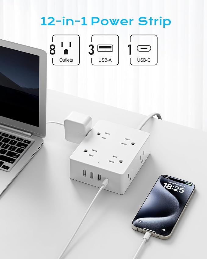 European Travel Plug Adapter, Olcorife US to Europe Type E/F Plug Adapter, International Power Strip with 8 Outlets and 4 USB(1 USB-C), 5 FT Cord for Germany France Iceland Spain