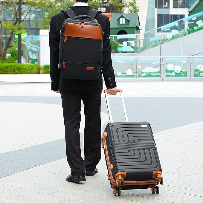 Romswi Luggage Sets 2 Piece 22In, Expandable 22x14x9 Carry On Luggage with Travel Backpack, PC+ABS Hardside Suitcase Set with TSA Lock, Durable Carry On Suitcase with Spinner Wheels for Men Black