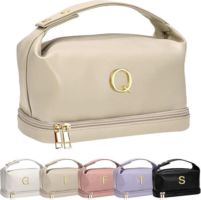 Gifts for Female, Personalized Makeup Bags with Handle, Waterproof Double Layer Cosmetic Bag, Large Capacity PU Leather Makeup Bags Letter Travel Toiletry Bag with Makeup Brush Organizer
