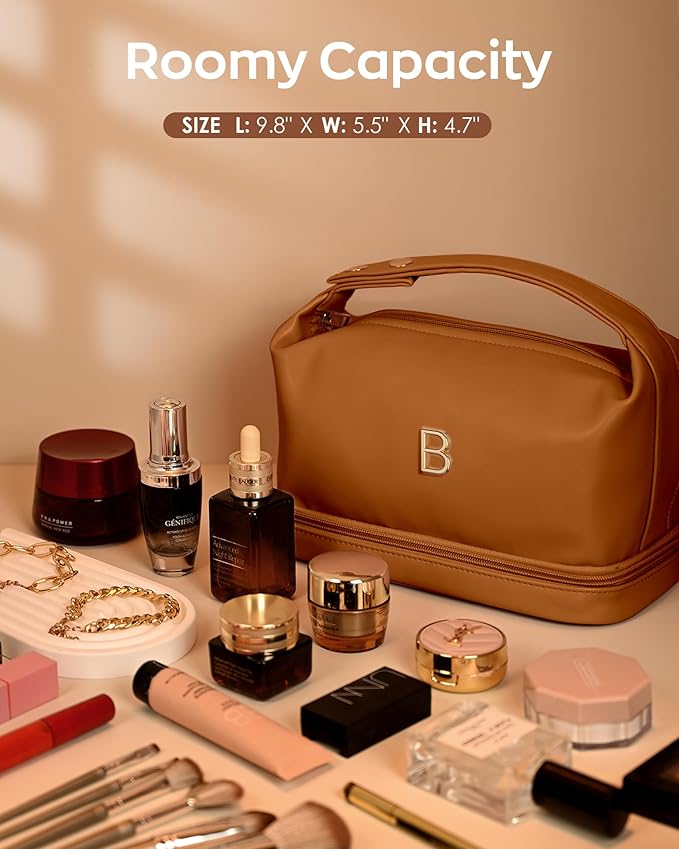 College Girl Gift Ideas, Personalized Makeup Bag with Handle, Initial Double Layer Cosmetic Bag with Makeup Brush Organizer, Cute Cosmetic Pouch for Women, Gift Ideas for Co Workers