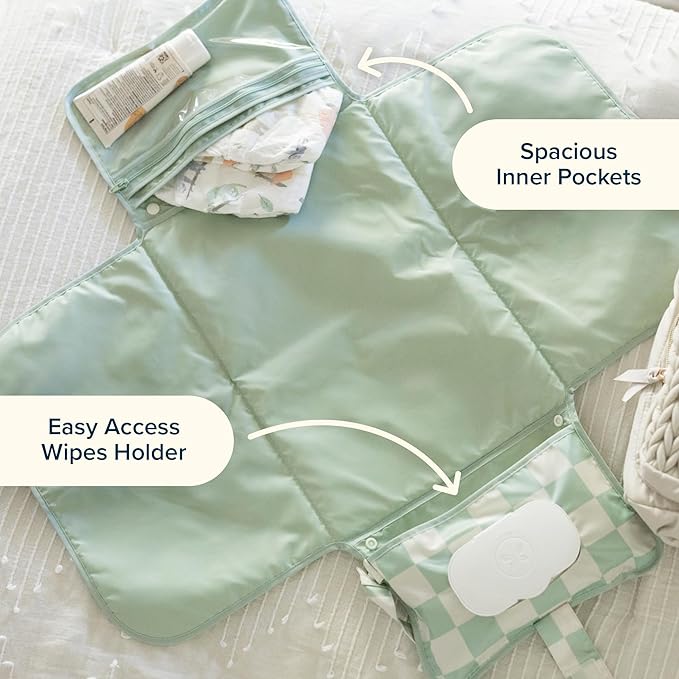 Tiny Twinkle Portable Diaper Changing Pad-Foldable Waterproof Changing Mat&Portable Changing Pad for Travel,Baby Changing Station with Smart Wipes Pocket&Storage (Blue Checkers)