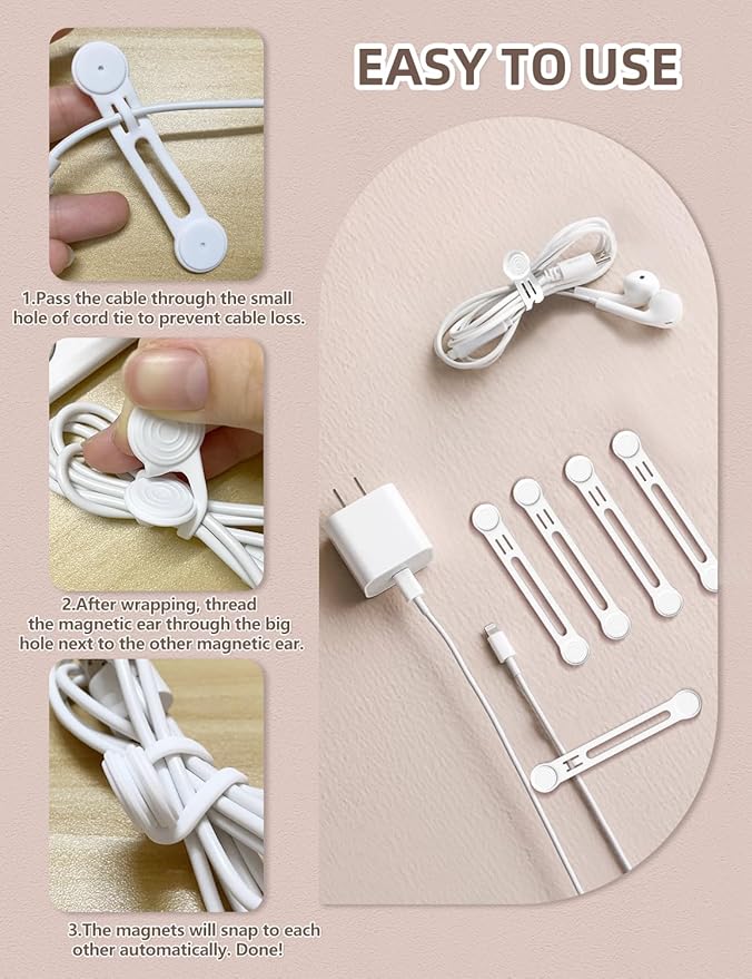 Reusable Silicone Magnetic Cord Ties - Kanemc 4.72 Inch Upgraded Twist Ties Cable Holder Cord Management, Idea For Bookmark, Fridge Magnet, Keychain, Magnetic Hat Clip For Travel (8 Pack, White)