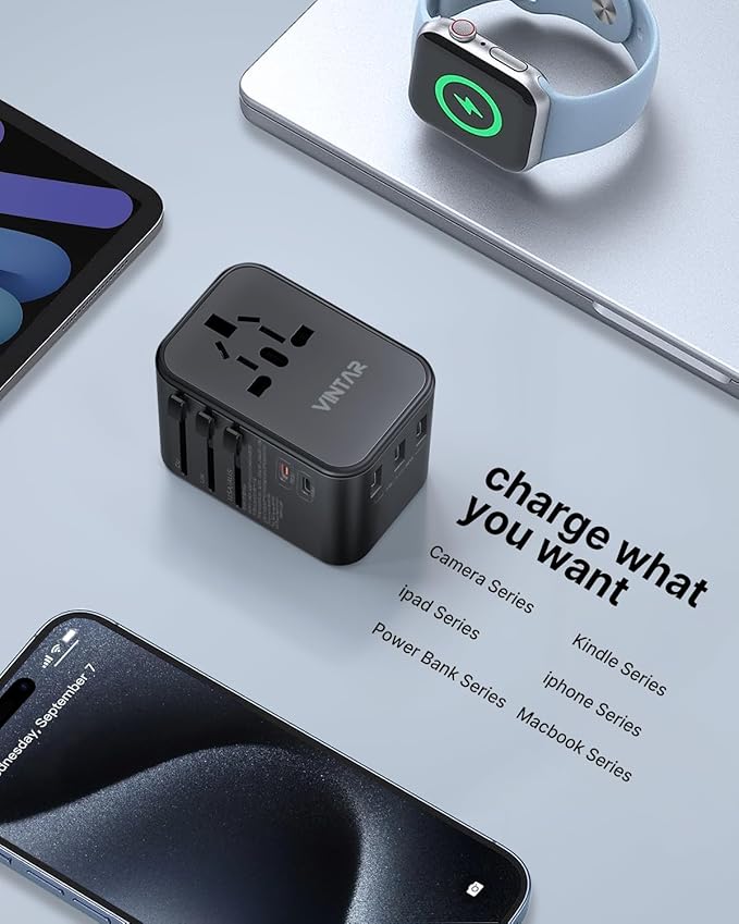 Universal Travel Adapter, VINTAR 35.5W International Power Adapter with 3 USB A QC and 2 USB C PD, All in One Plug Adapter Worldwide Travel Essentials for EU/UK/USA/AUS(Type C/G/A/I), Black