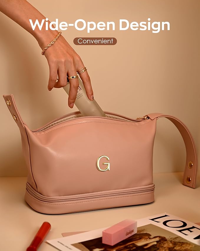 Initial Makeup Bag Personalized Bags with Handle, Friend Gifts for Women Cosmetic Bag, Mothers Birthday Gifts Leather Makeup Bags Letter Travel Toiletry Bag with Makeup Brush Organizer