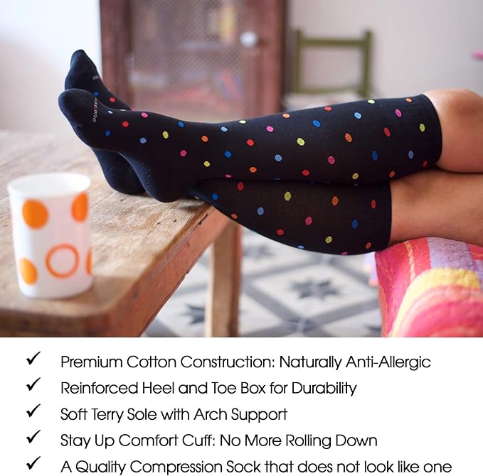 Cotton Compression Socks for Women & Men. 15-20 mmHg Support Knee-High Color Dots M/L
