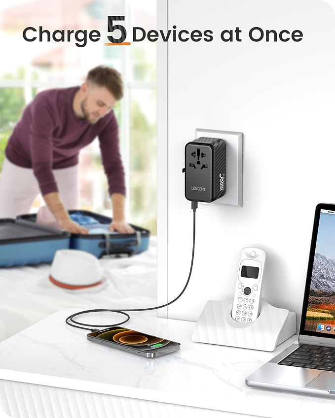 LENCENT Universal Travel Adapter, 100W GaN International Fast Charger with 2 PD3.0 Type C+2 QC USB A, Worldwide Power Adaptor for Phones,Laptops, All in One Travel Essentials for EU/USA/UK/AU, Black