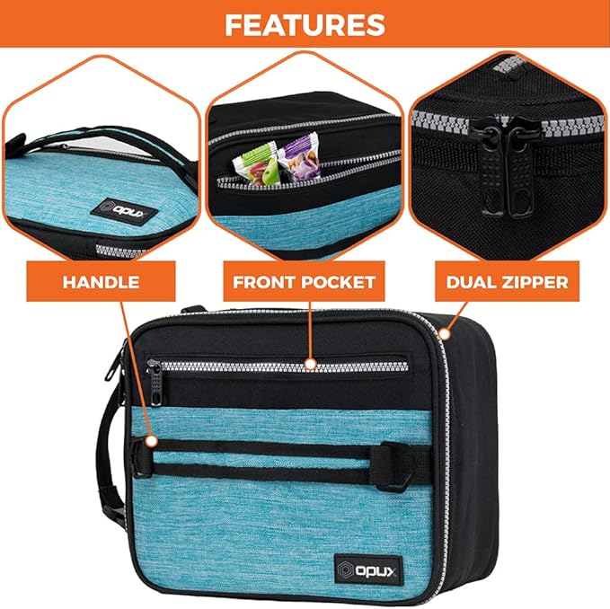 opux Insulated Lunch Box for Men Women Adult, Compact Lunch Bag for Kids Boy Girl Teen, Soft Lunch Cooler Bag for Work School, Leakproof Lunchbox Lunch Pail with Clip-on Buckle, Heather Sea Blue