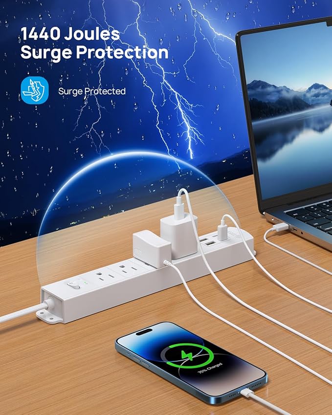 TROND Flat Plug Power Strip USB-10ft Flat Extension Cord Surge Protector Wall Mount, 2 USB C & 2 USB A Ports with Multiple Outlets, 1440J, 1625W for Office Supplies Dorm Room Essentials, White