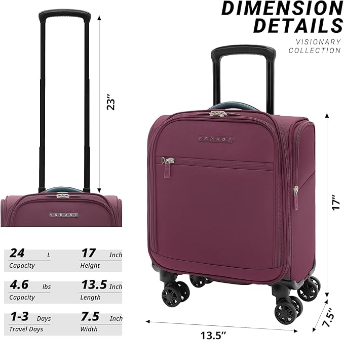 Verage Under Seat Luggage with Wheels, Softside Small Suitcase Spinner Carry On Luggage Bags for Airlines Airplanes Short Trip Men Women (Grape red, 14.5-Inch Plus Underseat)