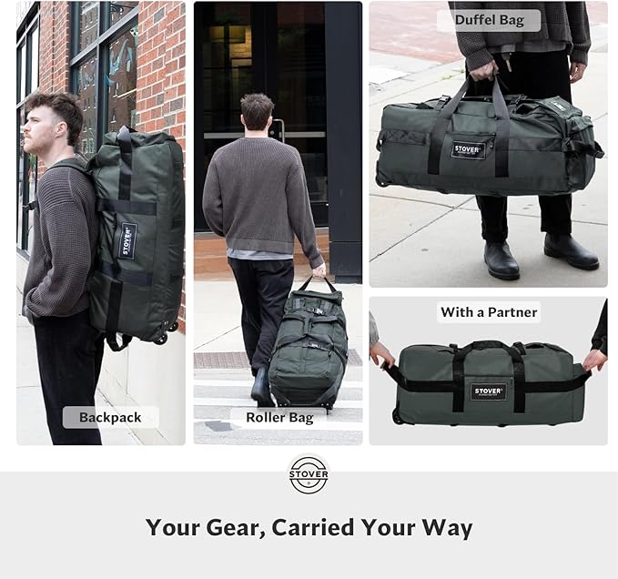 STOVER 80L Rolling Duffel Bag with Wheels, Extra Large 31 Inch Durable Travel Duffle Bag- Rugged, Collapsible, Rollable Design w/Shoulder Straps- Use as Luggage or Backpack for Men/Women (Grey)