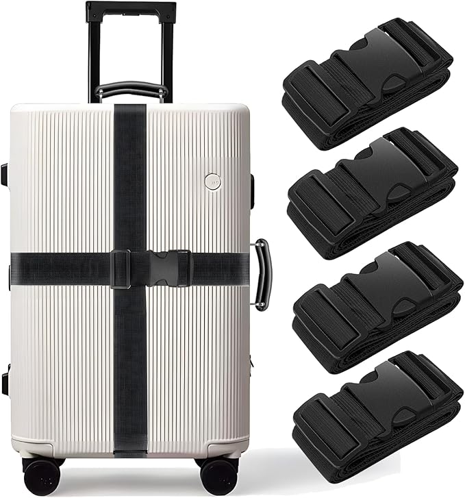 BILIONE 4 Pack Luggage Straps 79" Long Belts Keep Suitcase Secure While Traveling, TSA Approved Add a Bag Premium Accessory for Travel Bag Closure (4 Pcs Black)