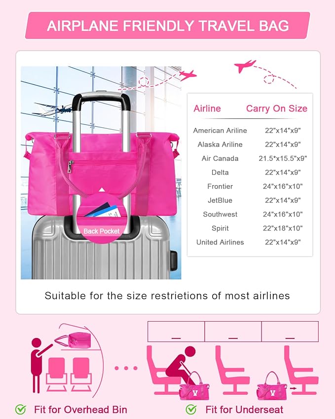 Overnight Bag for Kids Teen Girls Weekender Dance Bag Birthday Graduation Gifts,Initial Travel Duffel Bag Sports Gym Bag Personalized Weekender Bag Carry On Bags Preppy Gifts for Women(Hot Pink, V)