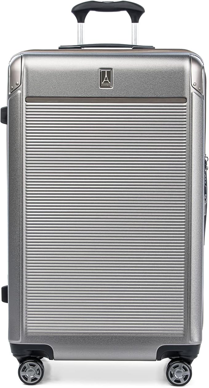 Travelpro Platinum Elite Hardside Expandable Checked Luggage, 8 Wheel Spinner, TSA Lock, Hard Shell Polycarbonate Suitcase, Metallic Sand, Checked Large 28-Inch
