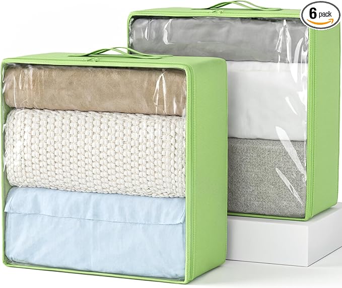 Clothes Storage Bags, Foldable Thick Fabric Blanket Storage Bags, Large Clear Window & Carry Handles, Great for Clothes, Blankets, Closets, Pillows, Toys (Green, Extra-2Pack)