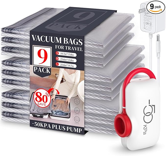 VMstr 9 Pack Vacuum Storage Bags for Travel, Carry-on Size Space Saver Bags for Luggage Clothes and Clothing Compression Packing, High Pressure Electric Pump(D/C Power)