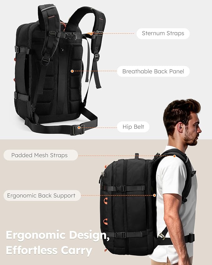 Tolaccea Travel Laptop Backpack, TSA Flight Approved Carry On Travel Duffel Backpack, Dual Laptop Storage for 17.3" and 15.6" Laptop, Large Luggage Backpack 40-45L Expandable for Men Women (Black)