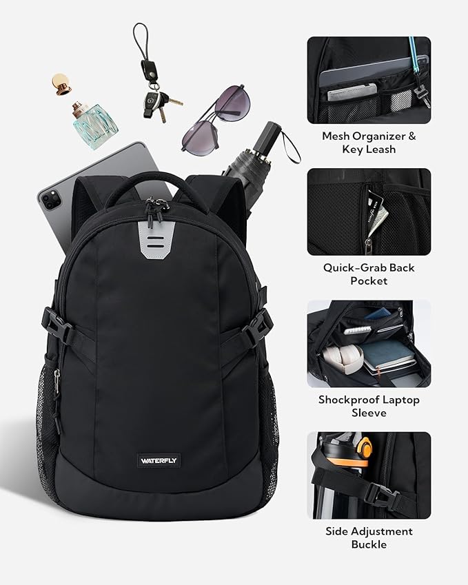 WATERFLY Small Casual Travel Backpack: 20L for Men Women Work Commuter Everyday EDC Daypack Hiking Gym Sport Workout Black