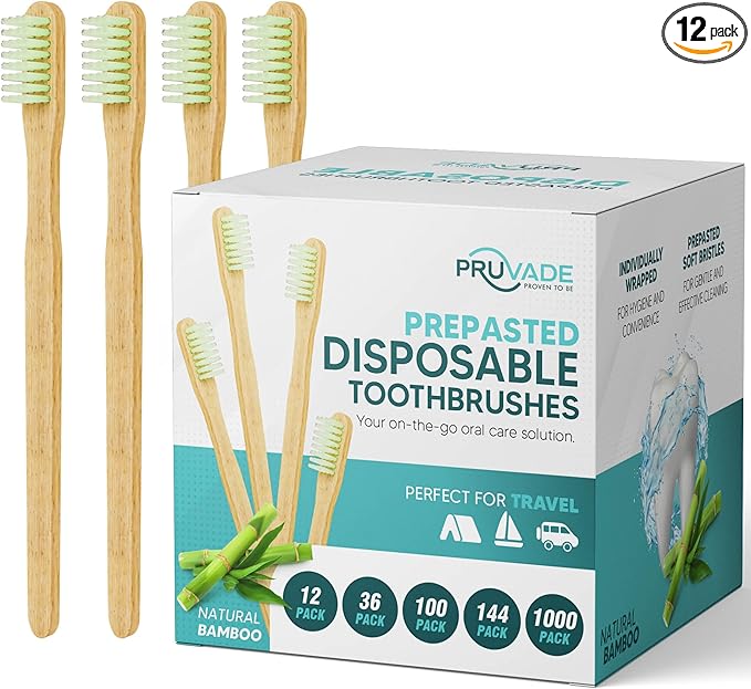 12 Pack Disposable Bamboo Toothbrushes with Toothpaste Built in - Prepasted Toothbrushes Individually Wrapped - Single Use Waterless Tooth Brush with Soft Bristles for Hotel, Camping, Travel