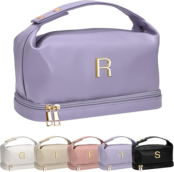 Makeup Bags for Teens Girls, Initial Double Layer Cosmetic Bag with Makeup Brush Organizer, Large Capacity PU Leather Travel Toiletry Bag, Gifts for Friends Female Mom