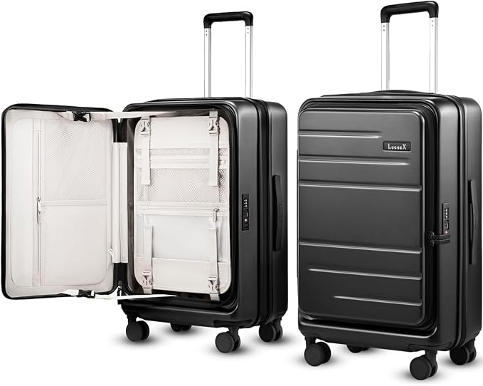 LUGGEX Checked Luggage with Spinner Wheels, FLO5 Expandable Polycarbonate Hard Shell Suitcase with TSA Approved Lock (FX-Core, Black, 24 Inch)