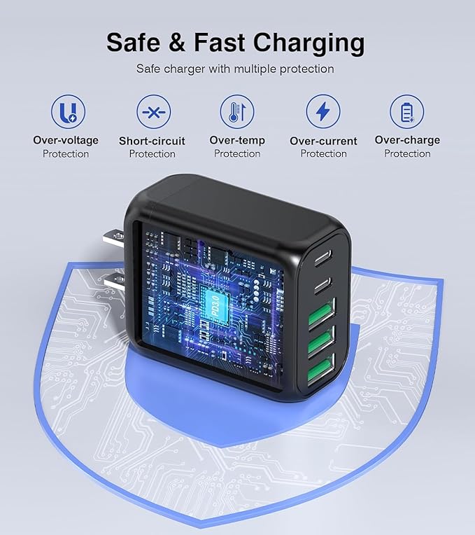 50W USB C Wall Charger Block, 2Pack 5-Port C Charger Fast Charging Block PD Power Adapter+QC 3.0 Multiport Type C Box Brick Cube USB A Wall Plug for iPhone 16/15/14 Pro Max Plus, iPad,Galaxy S24/S23