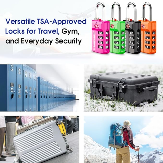 SURE LOCK TSA Approved 4-Digit Resettable Combination Luggage Locks with Open Alert, Easy-Read Dials - for Luggage, School Lockers, Gym, Office, Toolbox & Security Cases (Black 2 Pack)