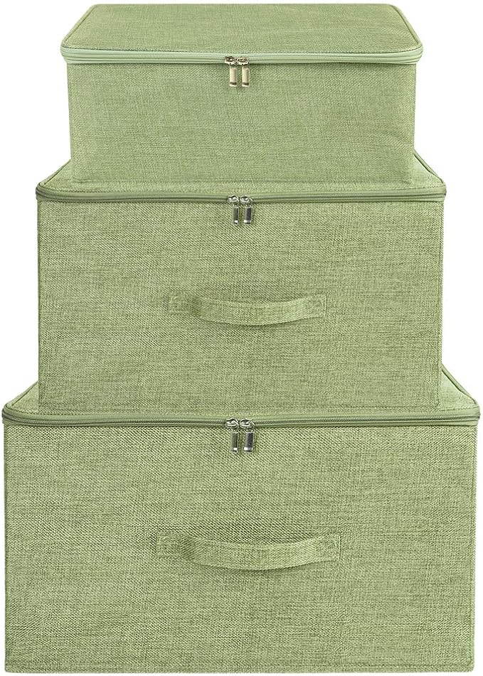 ANMINY 3PCS Storage Bins with Zipper Lids 13 Qt Lidded Fabric Storage Boxes Baskets Cubes with Handles Collapsible Washable Cotton Linen Closet Shelf Clothes Organizer Containers - Green, Small